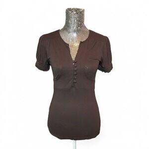 Vintage Y2K Brown Babydoll Top Ruched Button Front Grunge Whimsigoth Gothic XS